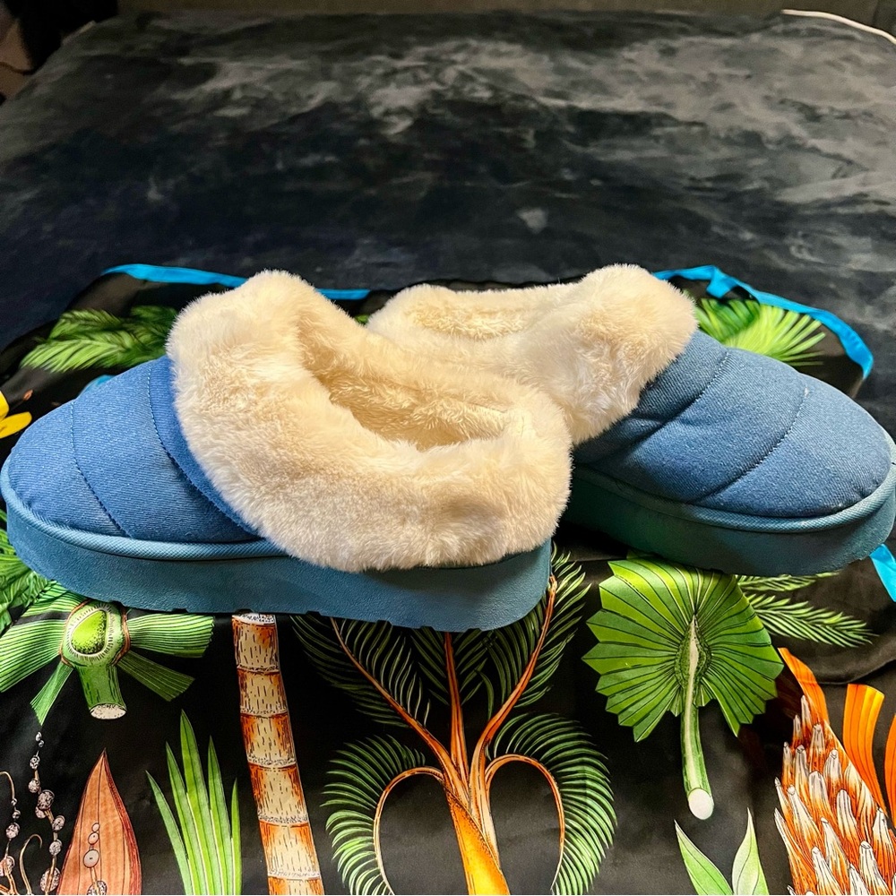 Women’s Denim Blue Platform Quilted Puffer Faux Fur Lined Cozy Slide‎ Shoes 8.5
